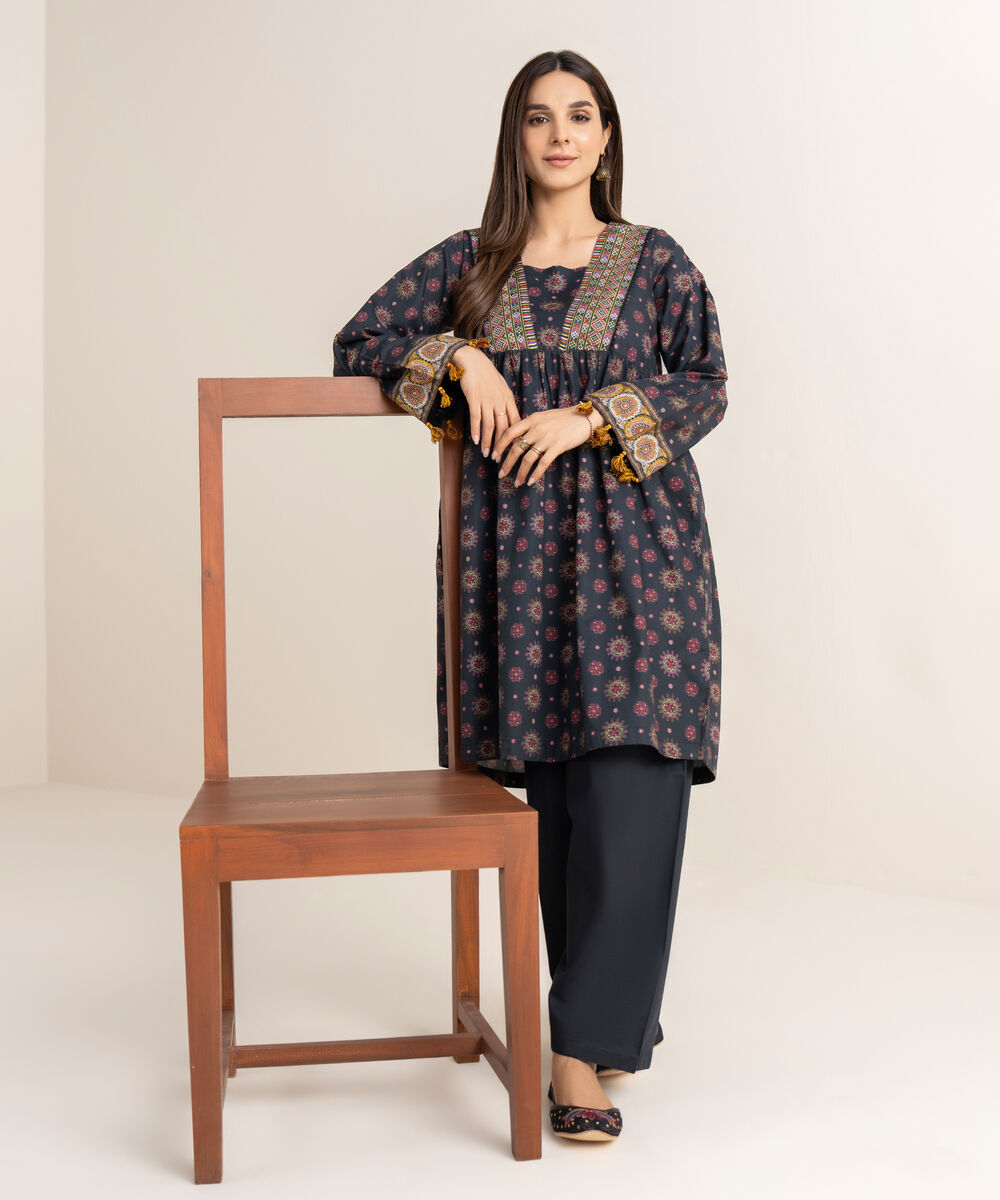 Women's RTW Cambric Black Printed A-Line Shirt