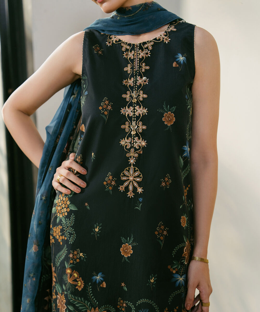 Women's Unstitched Cotton Embroidered Black