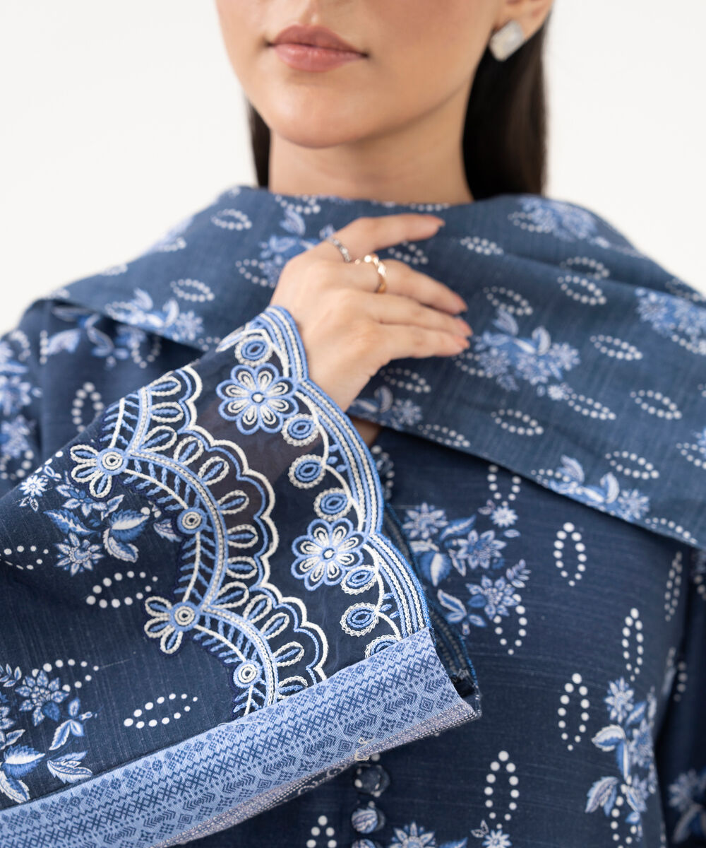 Women's Unstitched Khaddar Embroidered Blue 3 Piece Suit