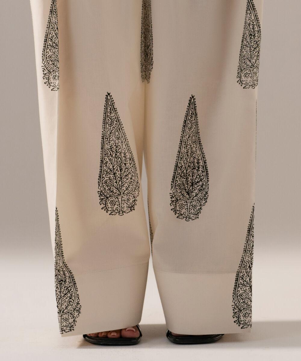 Women's RTW Cambric Printed Off White Farshi Shalwar