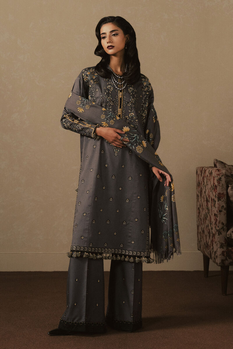 3 Piece - Embroidered Cotton Satin Suit