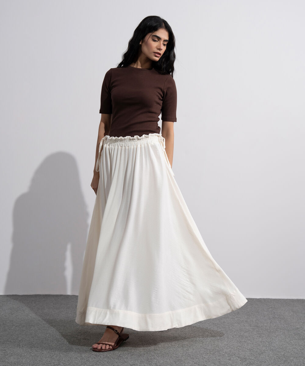Women's Off White Smocked Skirt With Tie Detail