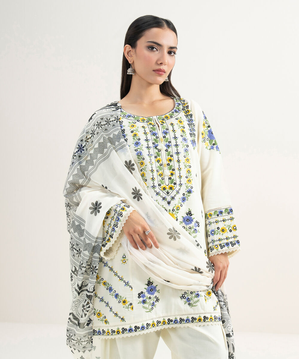 Women's RTW Zari Cotton Embroidered Off White 3 Piece Suit