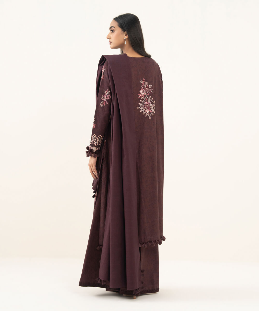 Women's Unstitched Embroidered Twill Maroon 3 Piece Suit