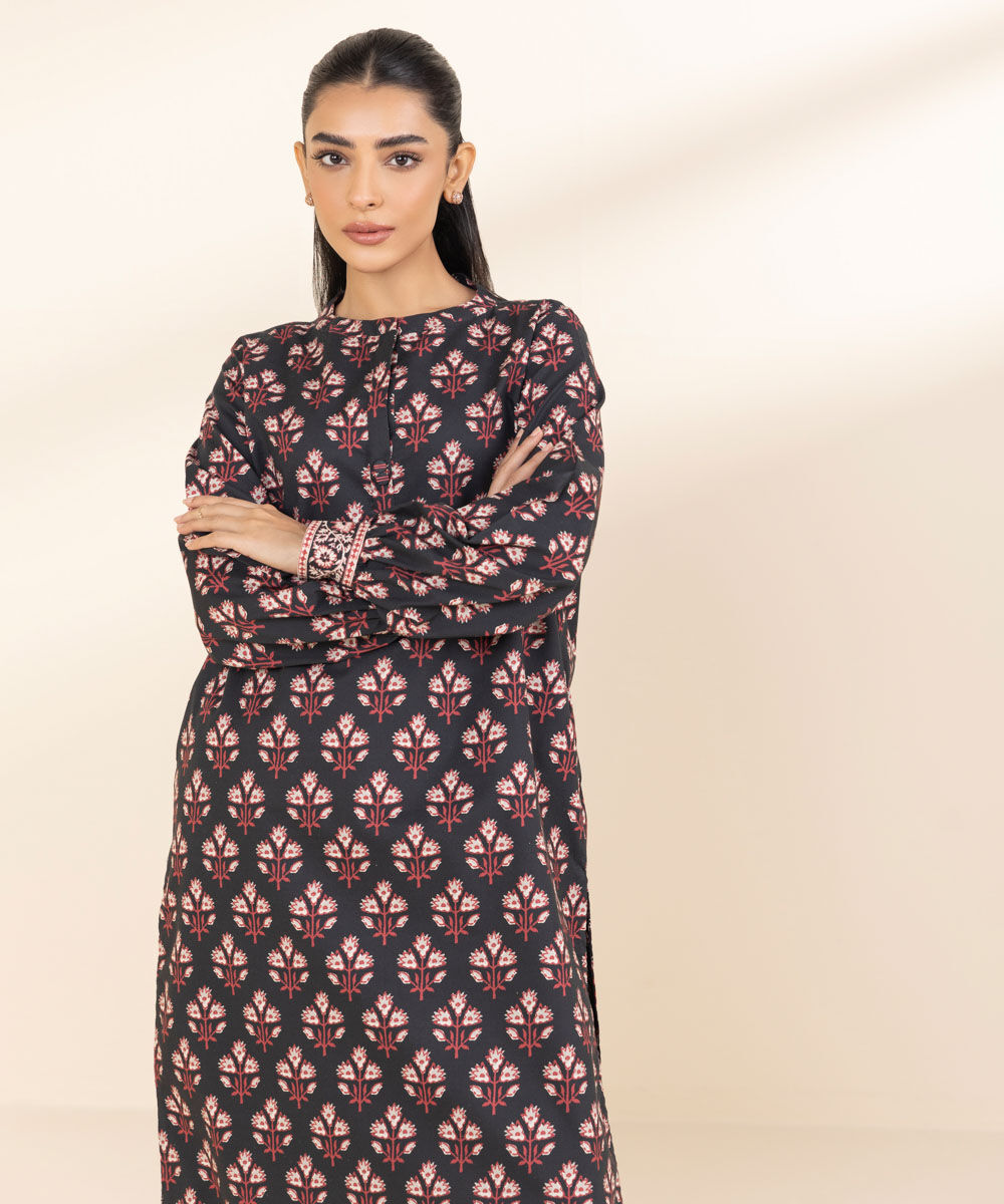 Women's Unstitched Black Cotton 2 Piece Suit