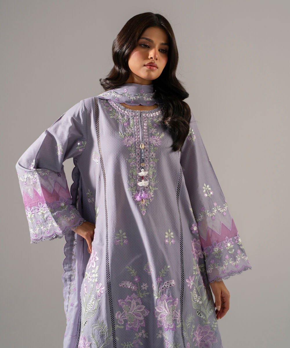 Women's RTW Dobby Solid Embroidered Lavender Grey 3 Piece Suit