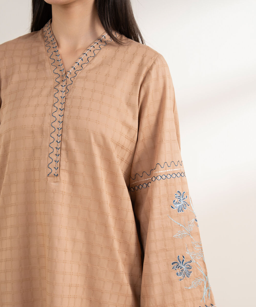 Women's RTW Textured Cotton Embroidered Straight Beige Shirt