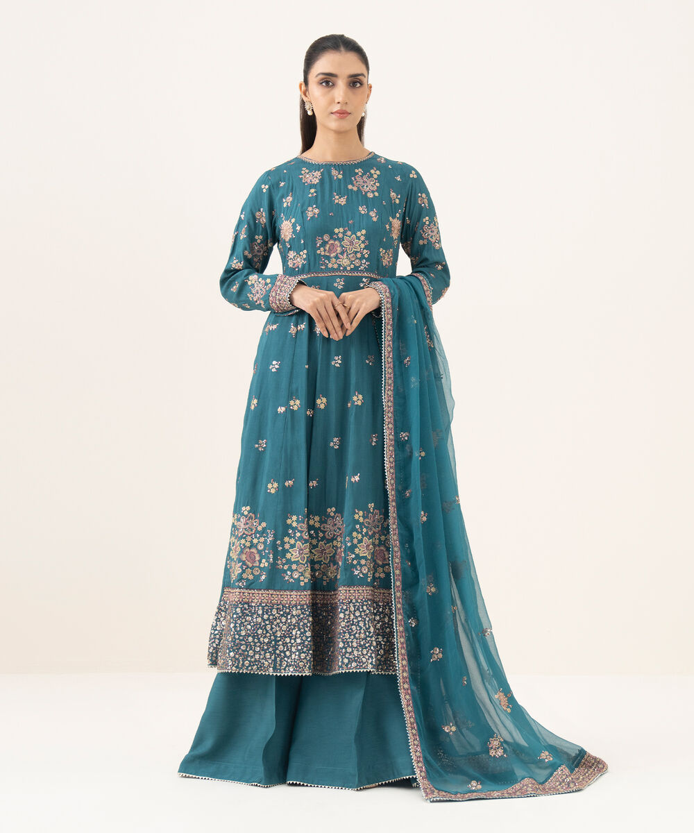 Women's RTW Raw Silk Embroidered Teal 3 Piece Suit