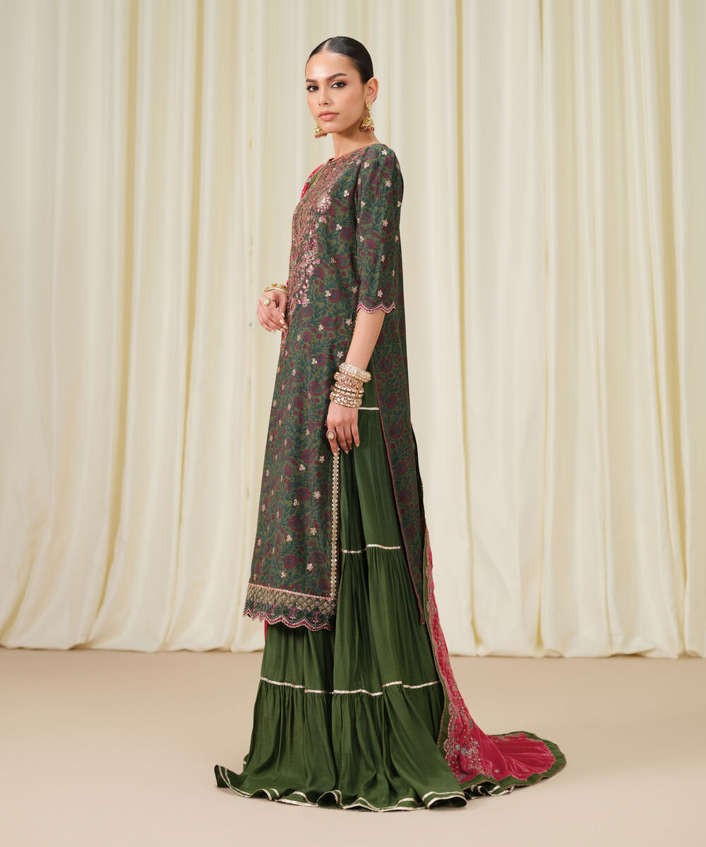 Women's Unstitched Embroidered Viscose Raw Silk Green 3 Piece Suit