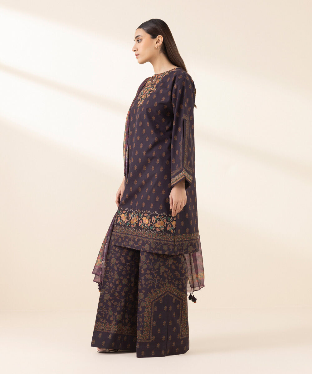 Unstitched Women's Embroidered Lawn Purple Three Piece Suit