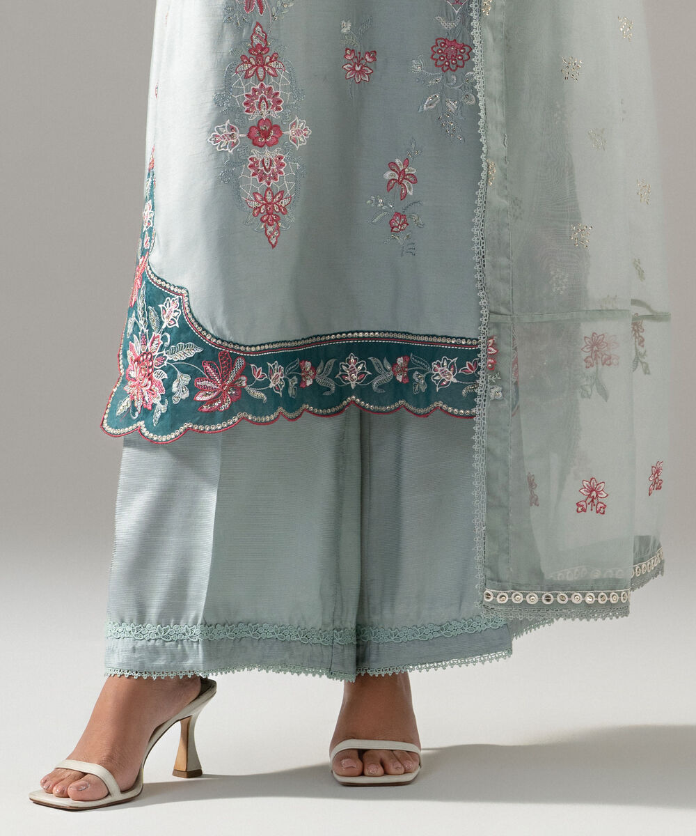 Women's RTW Raw Silk Solid Embroidered Seaform Green 3 Piece Suit