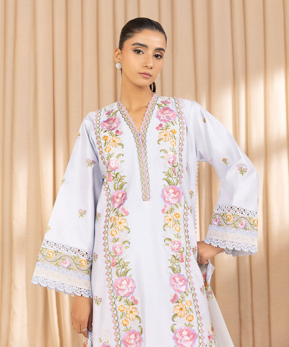 Women's Unstitched Embroidered Cotton Net Light Blue 3 Piece Suit