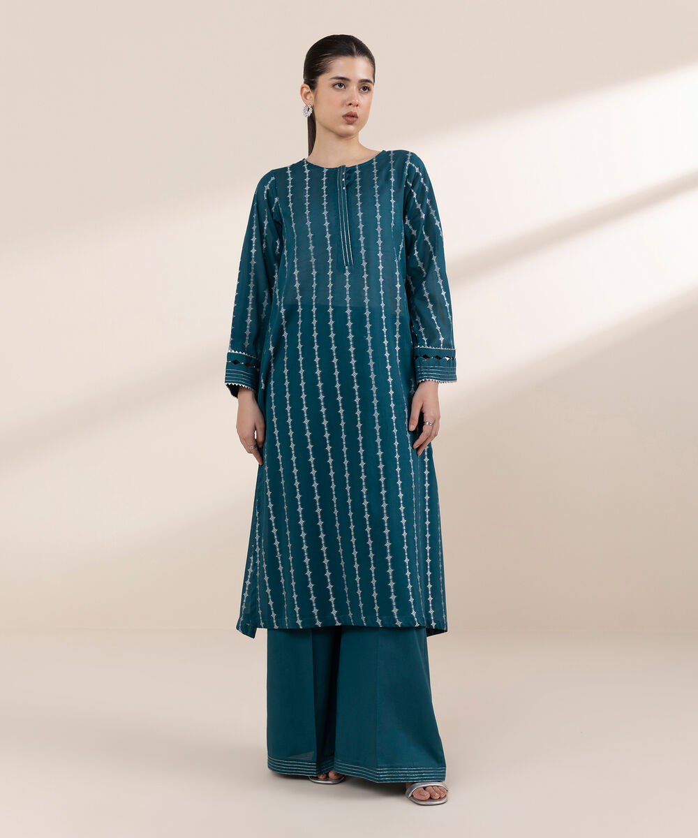 Women's RTW Extra Weft Jacquard Blue Solid A-Line Shirt