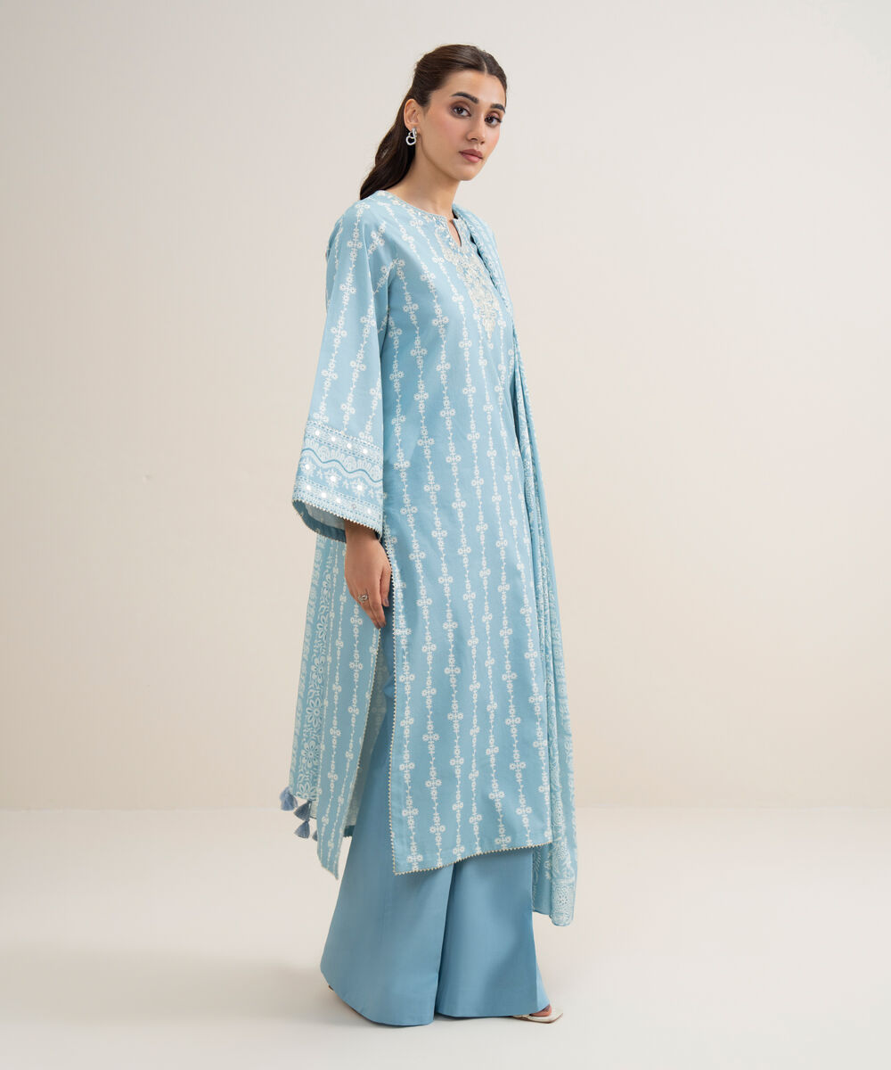 Women's Unstitched Lawn Embroidered Ice Blue 3 Piece Suit