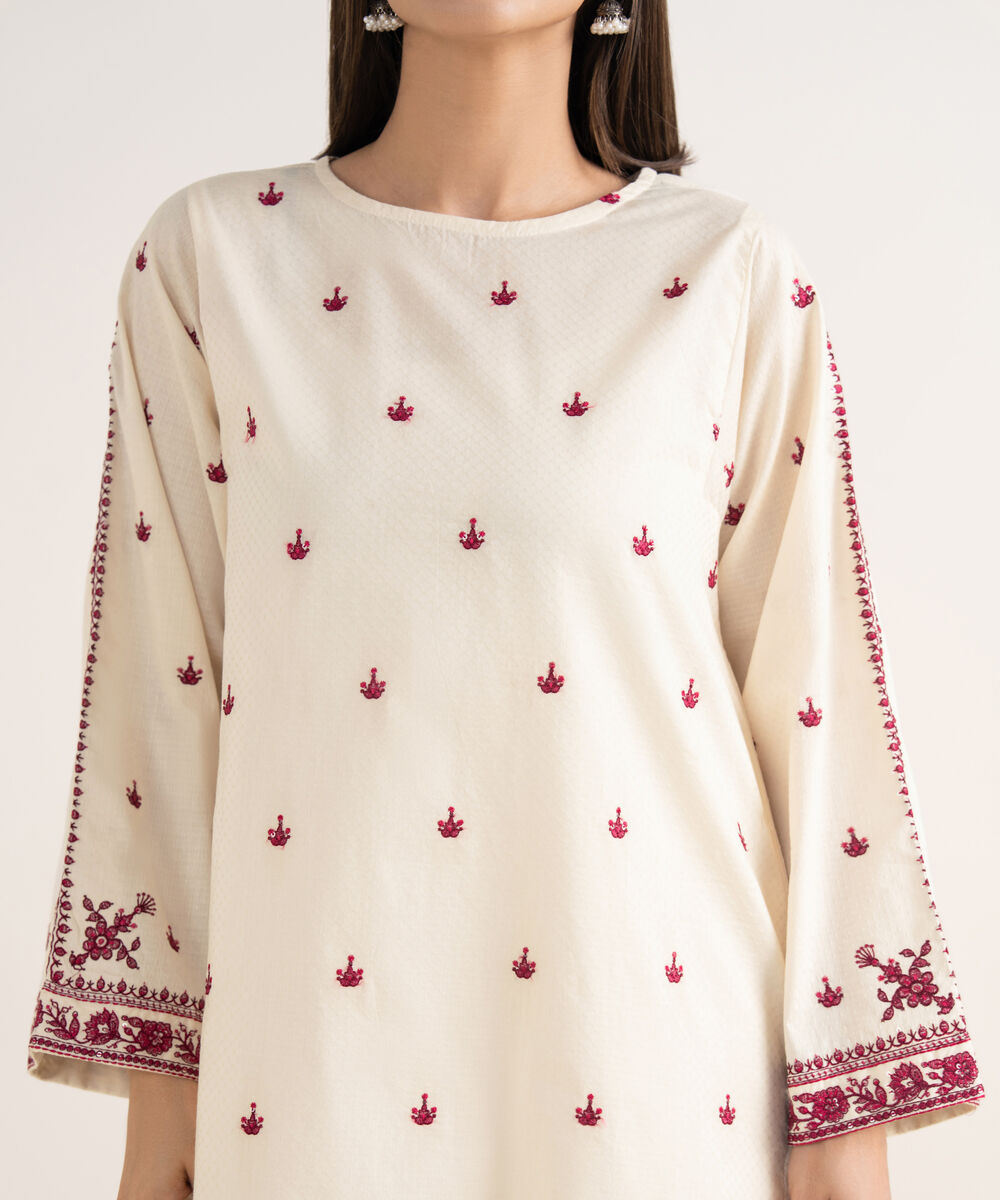 Women's RTW Textured Cotton White Embroidered A-Line Shirt