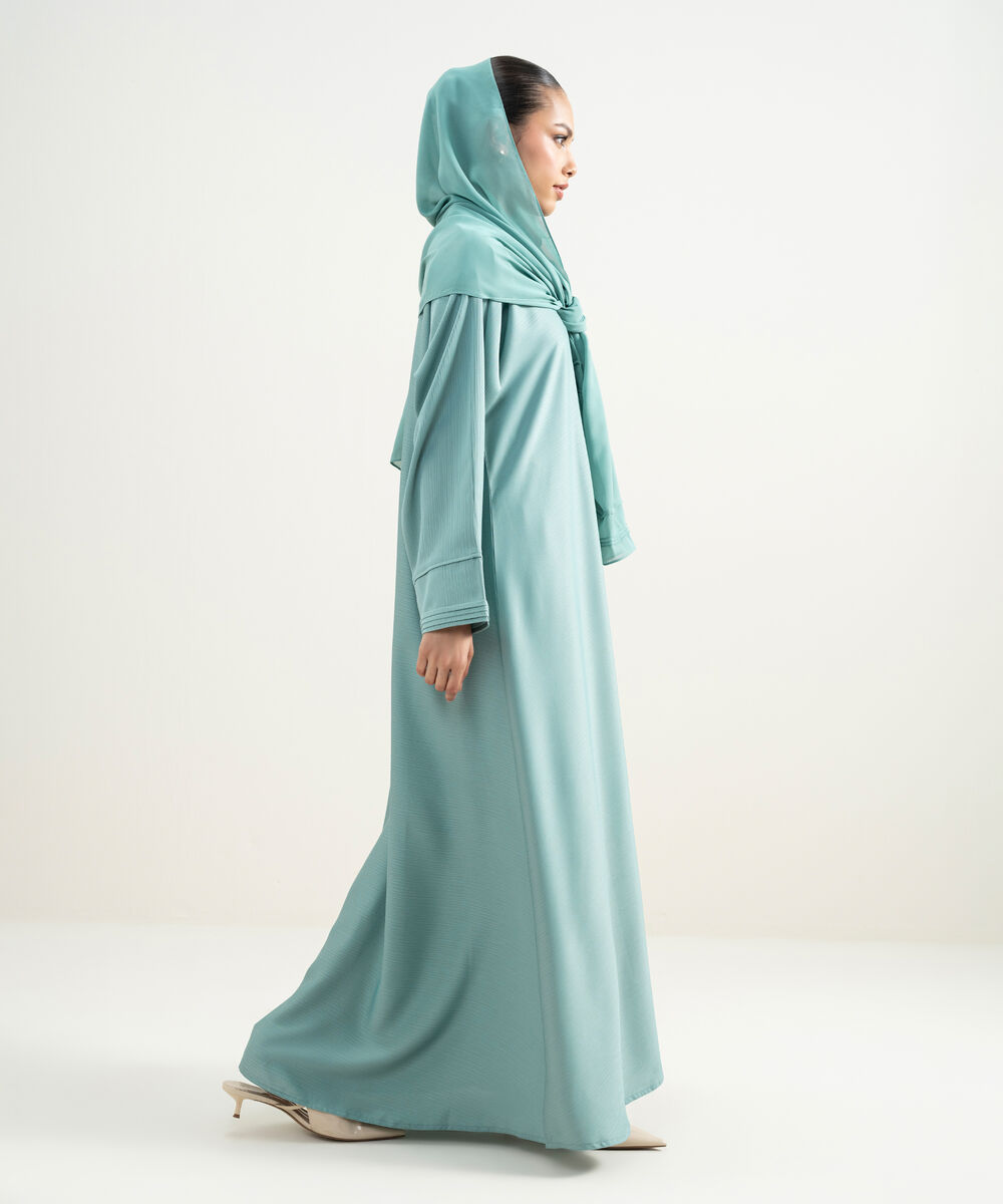 Women's Light Blue Pleated Button Through Abaya Set