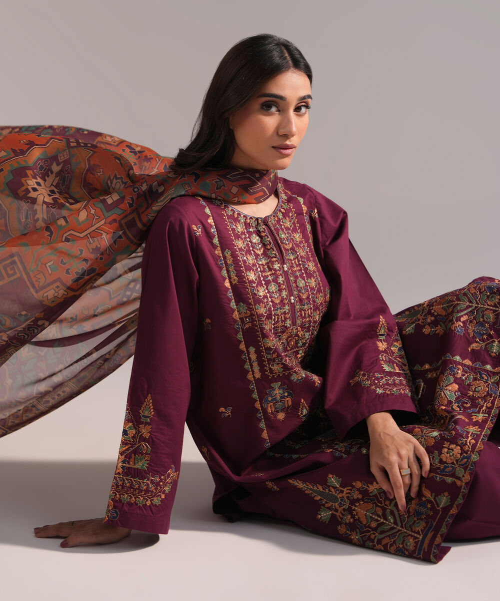 Women's RTW Lawn Embroidered Purple 3 Piece Suit