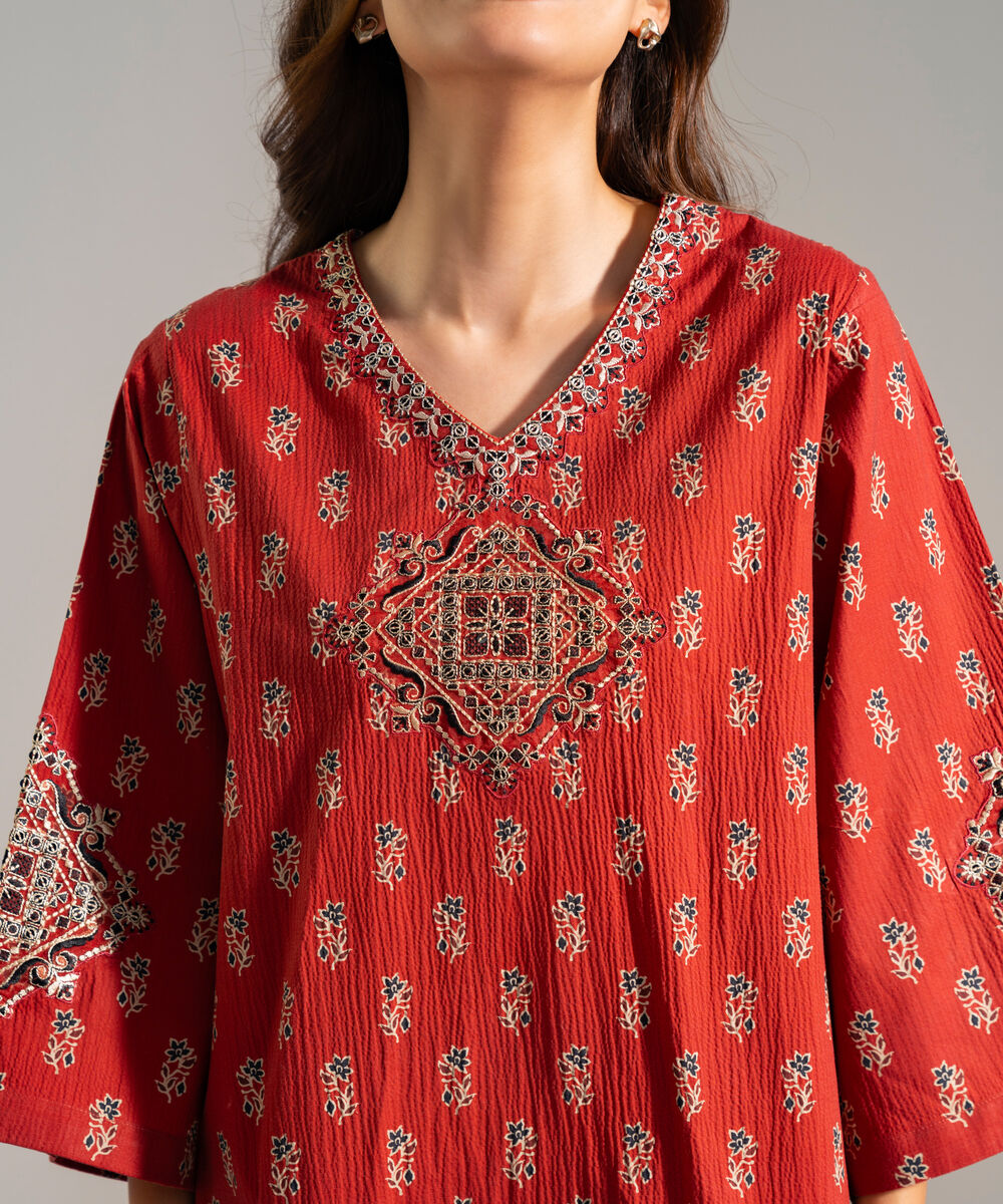 Women's RTW Seersucker Embroidered Red 2 Piece Suit