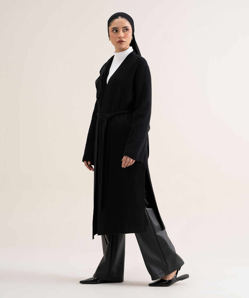 Women's Black Solid Sweater-Knit Abaya Set