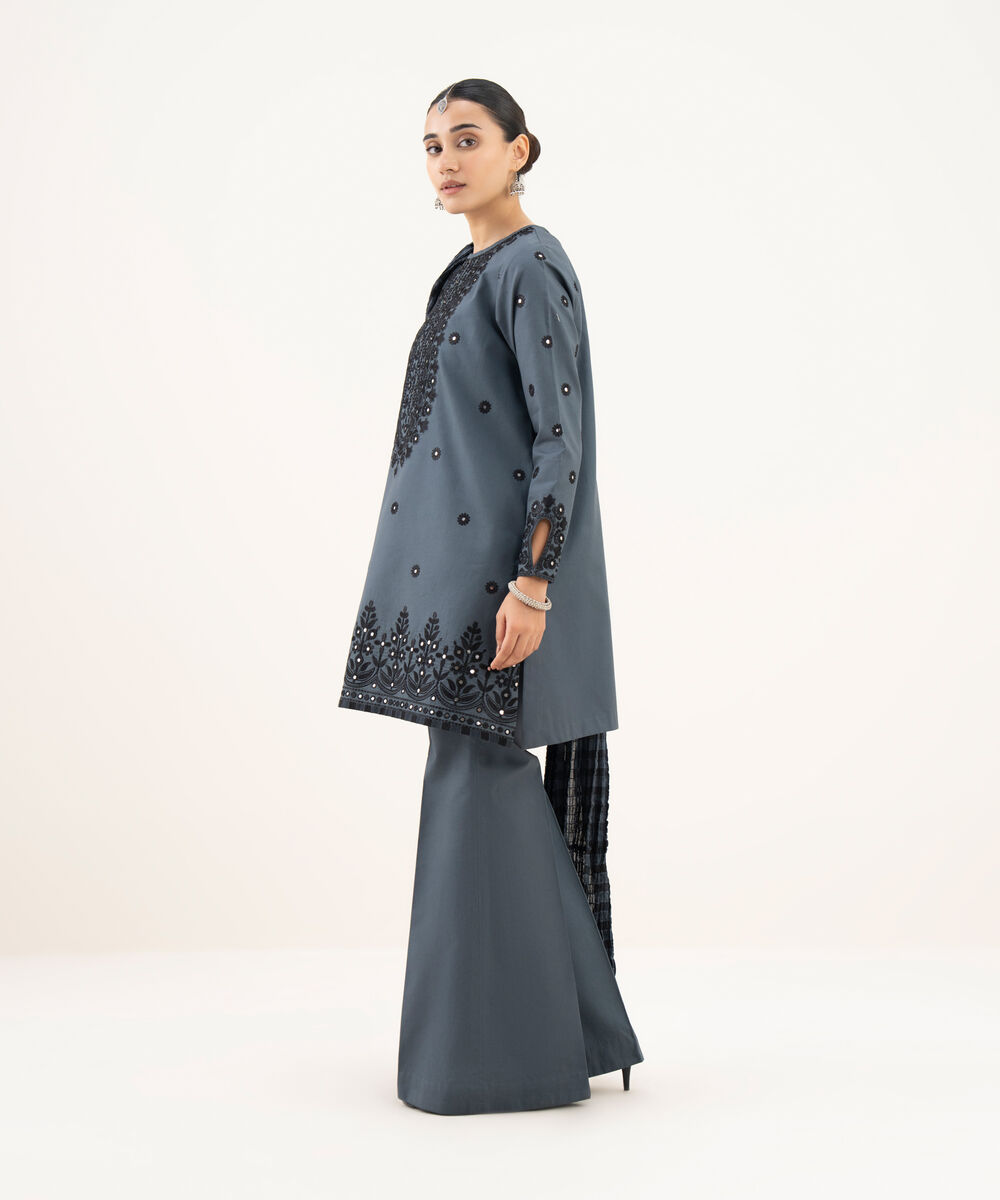 Women's Unstitched Cotton Embroidered Grey 3 Piece Suit