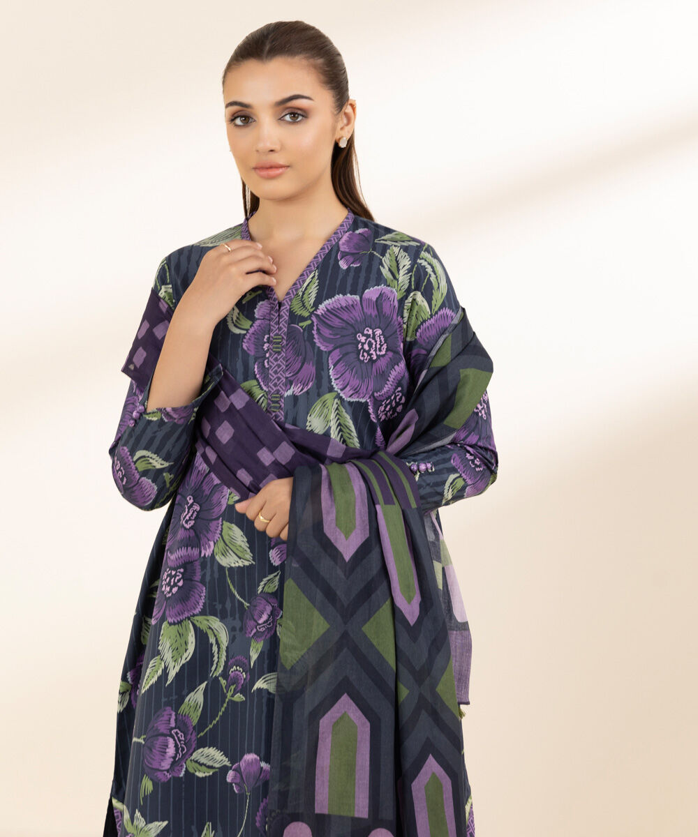 Women's Unstitched Printed Lawn Black & Purple 3 Piece Suit