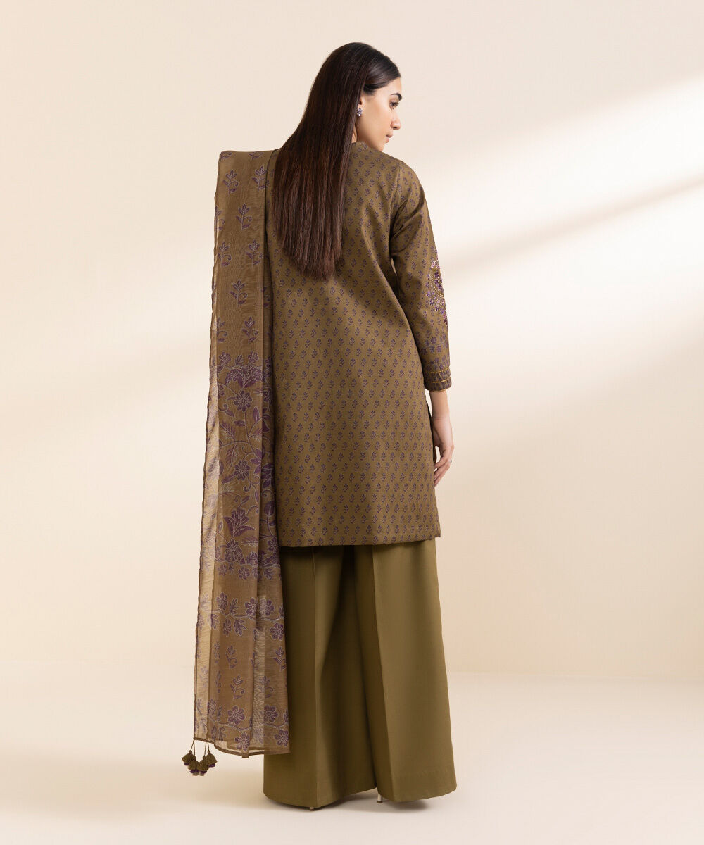 Unstitched Women's Embroidered Cotton Jacquard Brown  Three Piece Suit