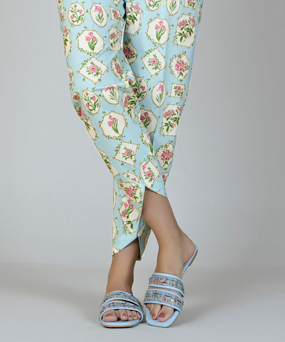 Woman - Blue Printed Poplin Tulip Shalwar