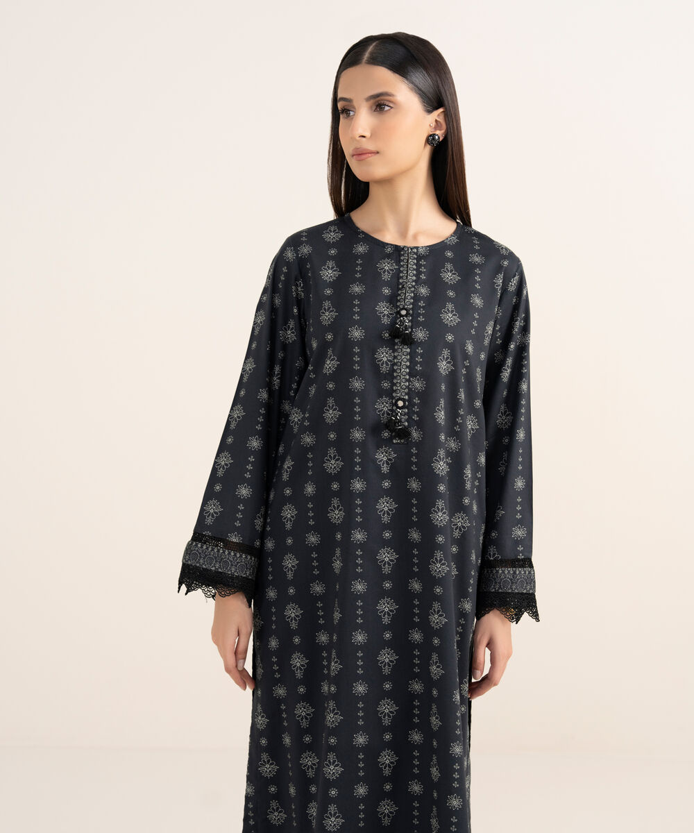Women's RTW Lawn Viscose Black Printed A-Line Shirt