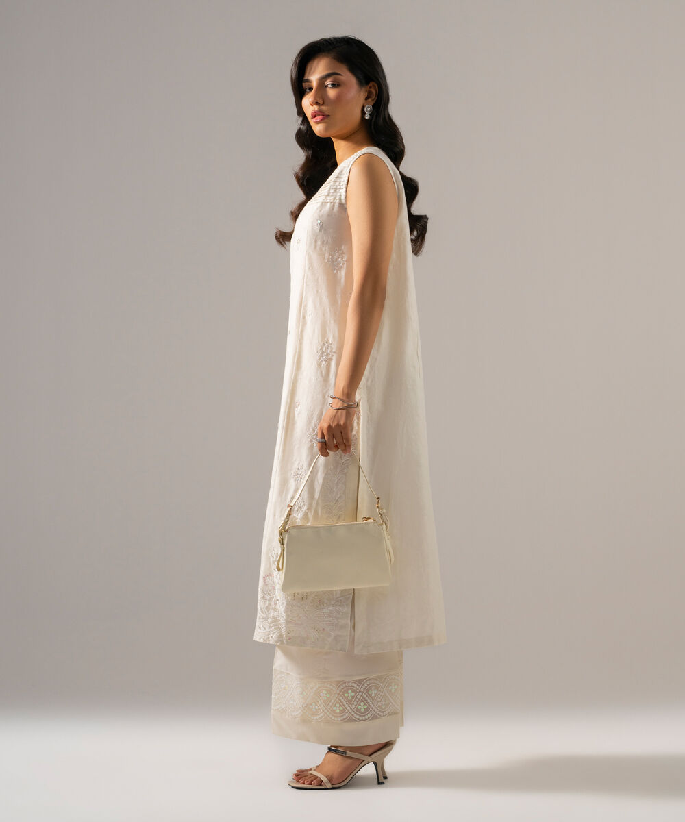 Women's RTW Self Jacquard Solid Embroidered Off White 2 Piece Suit