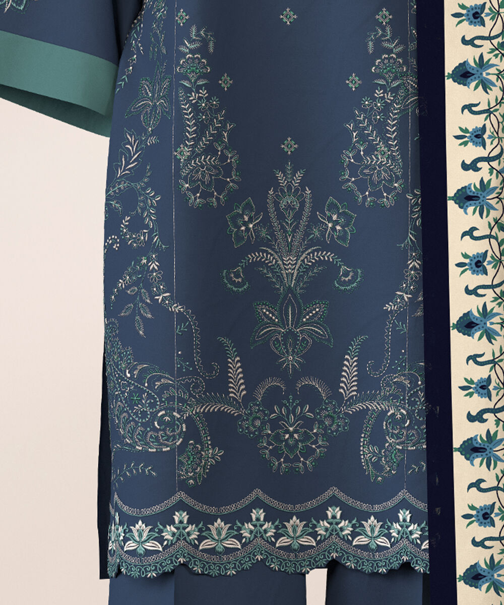 Women's Unstitched Twill Embroidered Blue  3 Piece Suit