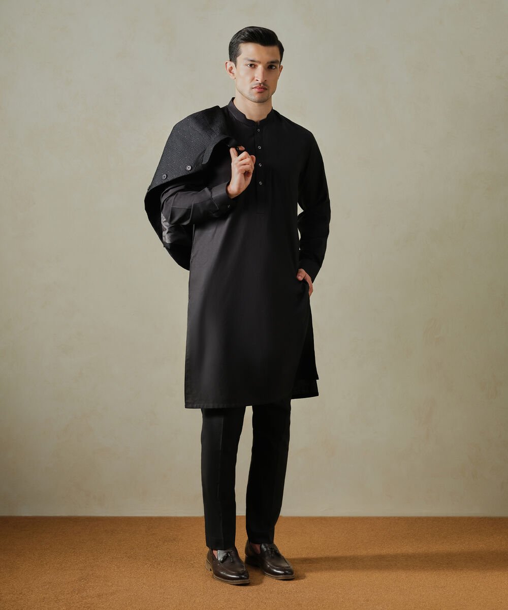 Cotton Suit Men's 100% Cotton  Plain Black Kurta Trouser
