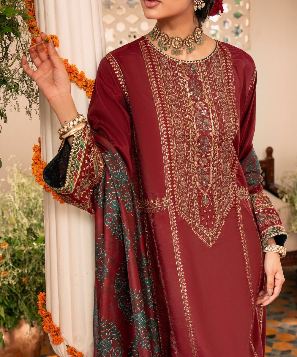 Women's Unstitched Embroidered Blended Raw Silk Red 3 Piece Suit
