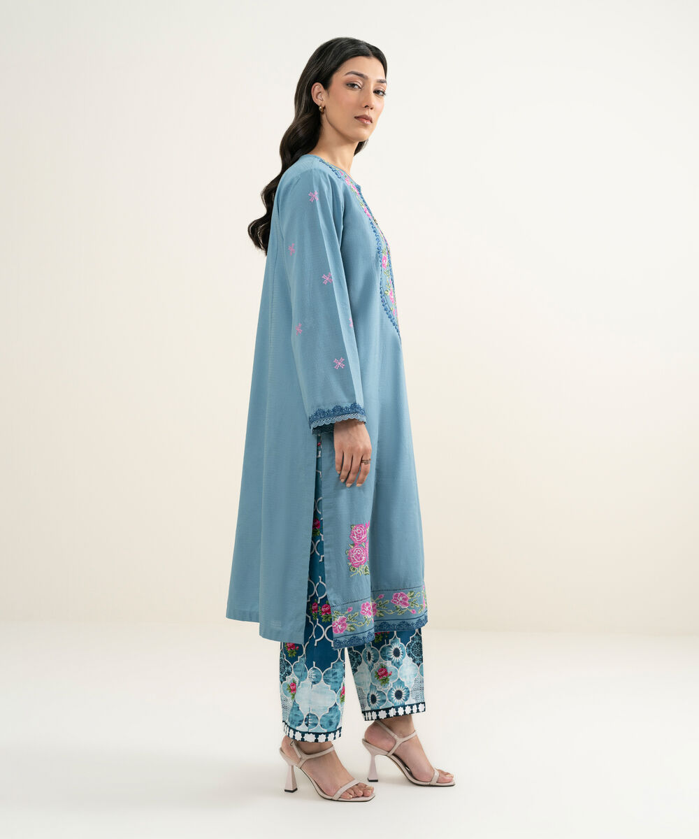 Women's RTW Dobby Embroidered Blue A-Line Shirt