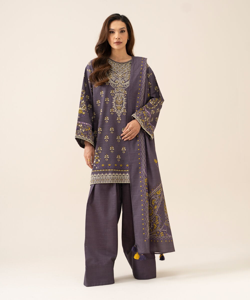 Women's Unstitched Light Khaddar Printed Mauve 3 Piece Suit