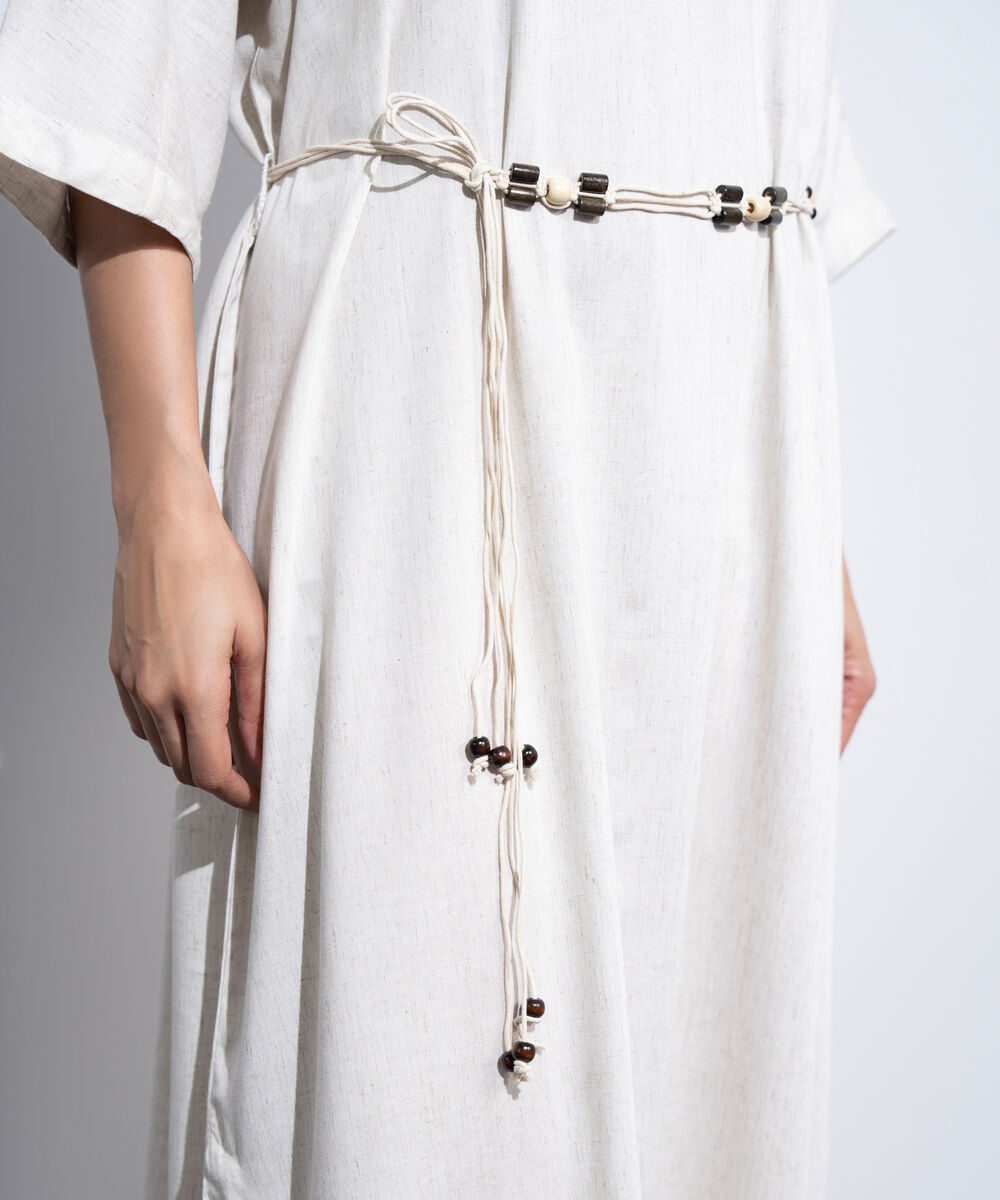 Women's Western Off-white Linen Dress With Crochet Belt