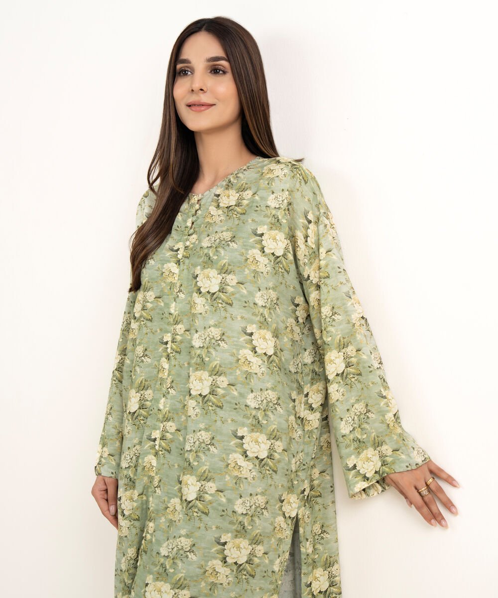 Women's RTW Arabic Lawn Green Printed Drop Shoulder Shirt