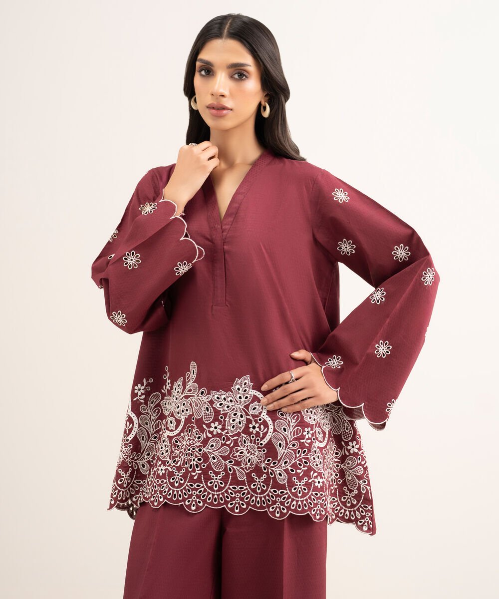 Women's RTW Dobby Embroidered Red Straight Shirt