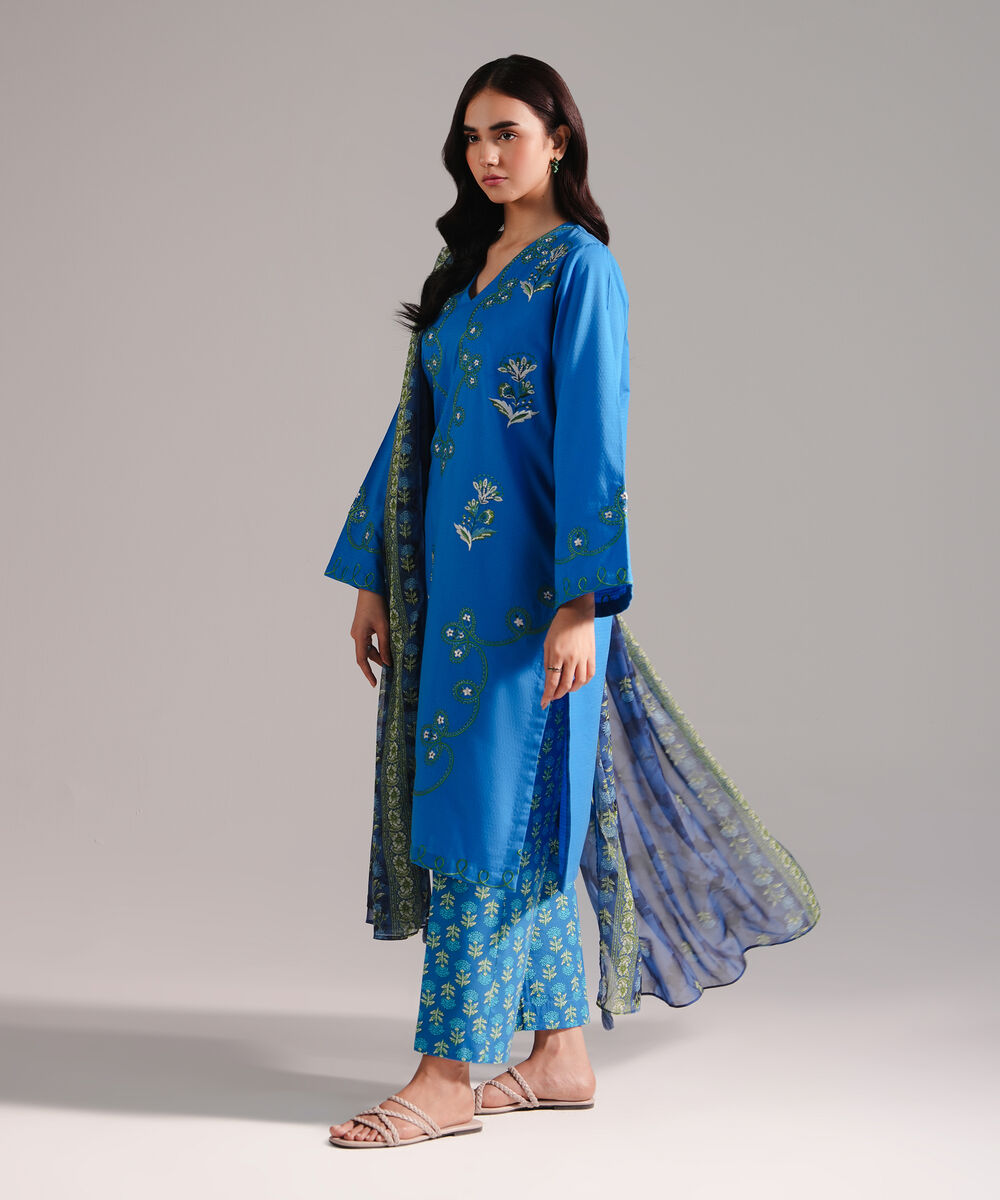 Women's RTW Dobby Embroidered Blue 3 Piece Suit