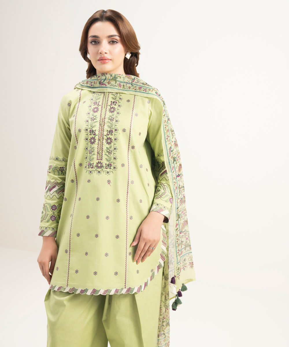 Women's Unstitched Lawn Embroidered Green 3 Piece Suit