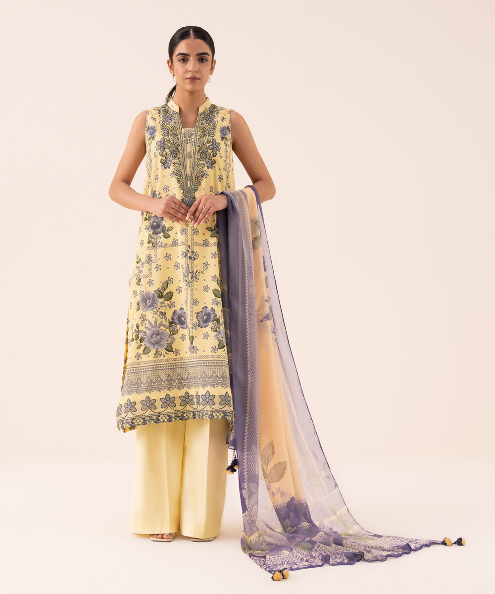 Women's Unstitched Cotton Viscose Embroidered Yellow 3 Piece Suit
