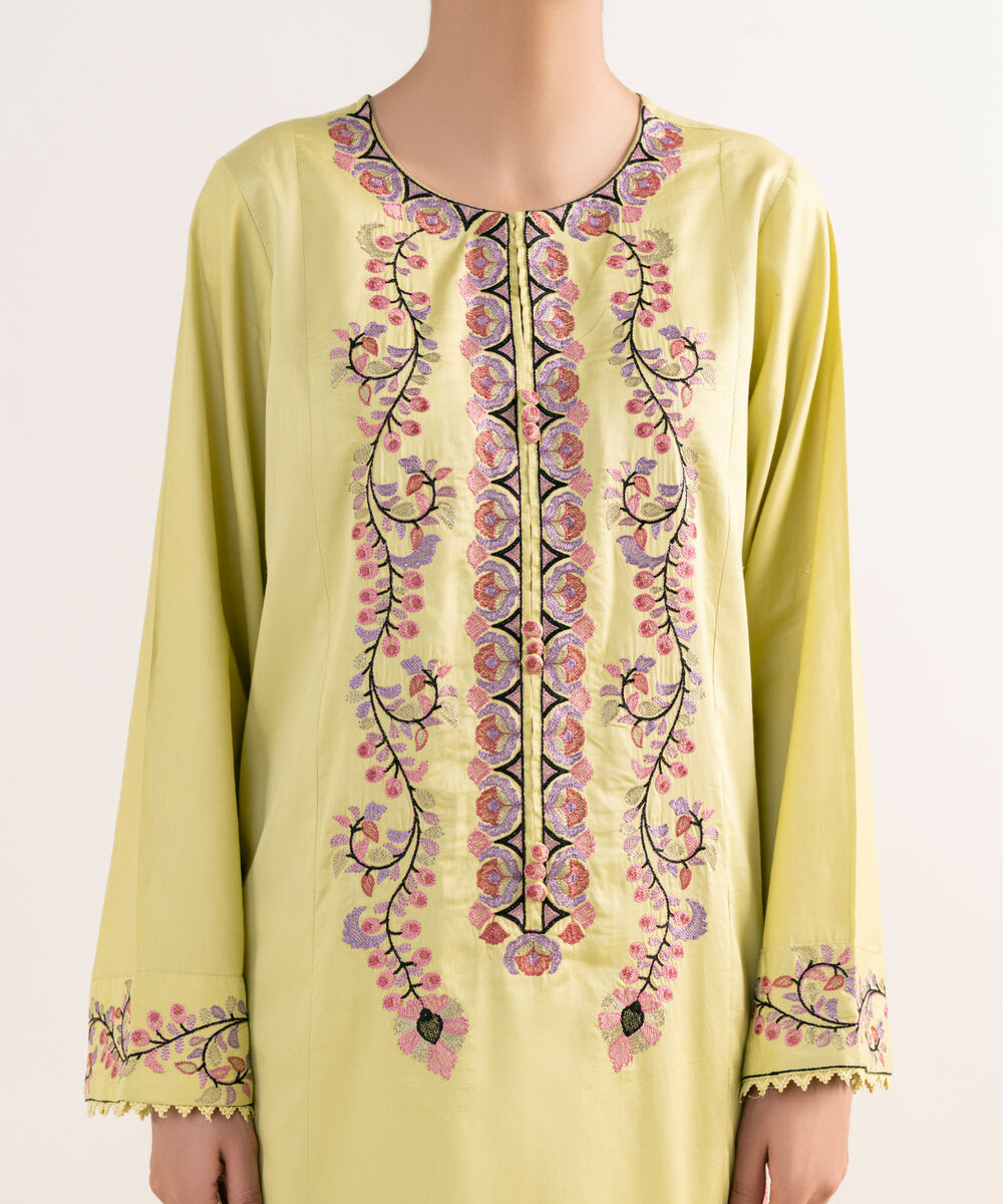 Women's RTW Cotton Satin Yellow Embroidered A-Line Shirt