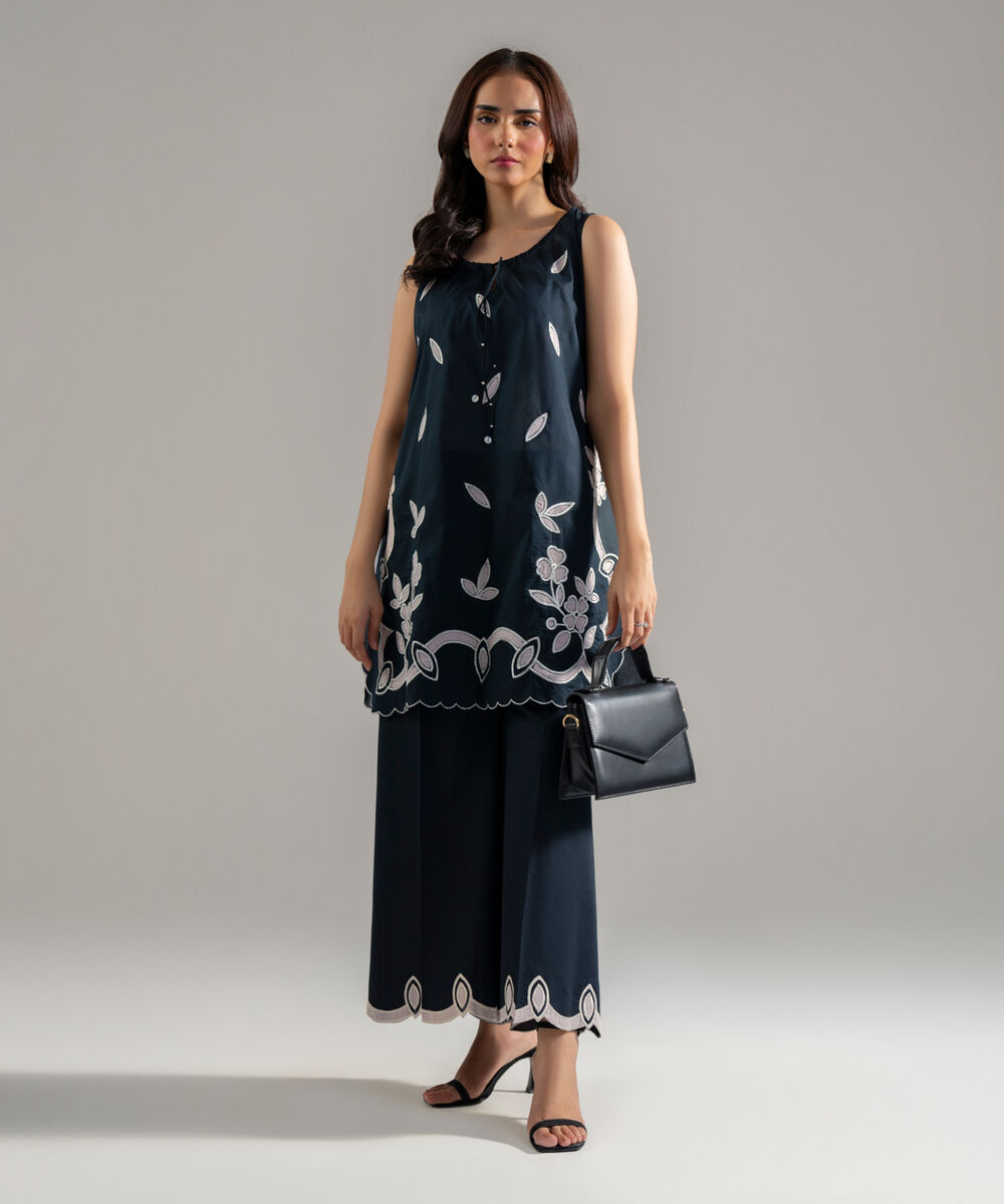 Women's RTW Lawn Solid Embroidered Black 3 Piece Suit