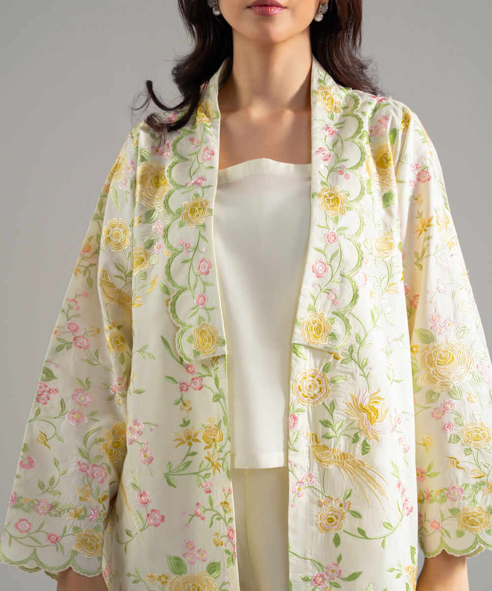 Women's RTW Cambric Solid Embroidered Off White 3 Piece Suit