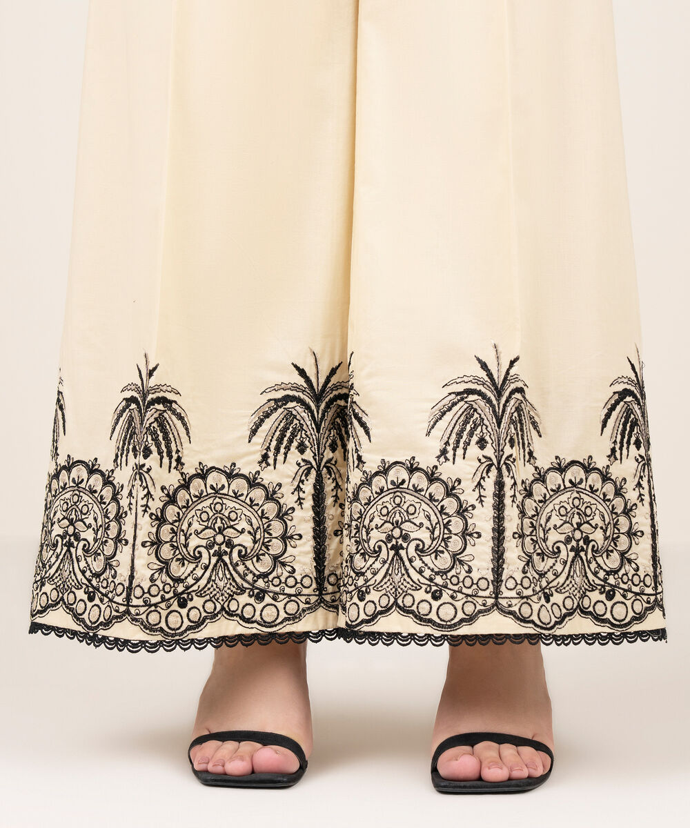 Women's RTW Cotton Embroidered Off White Flared Pants