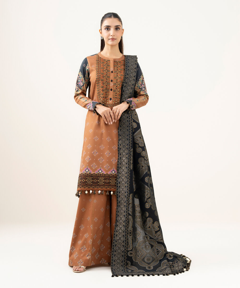 Women's Unstitched Fine Cotton Satin Embroidered Brown  3 Piece Suit