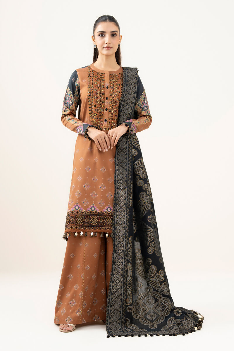 3 Piece - Embroidered Cotton Satin Suit