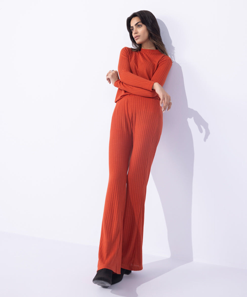 Woman - Orange Ribbed Flared Trousers