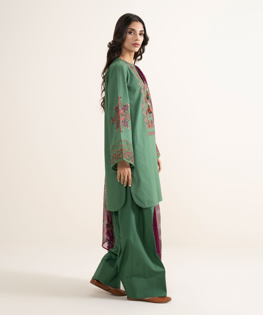 Women's Unstitched Textured Lawn Embroidered Green 3 Piece Suit