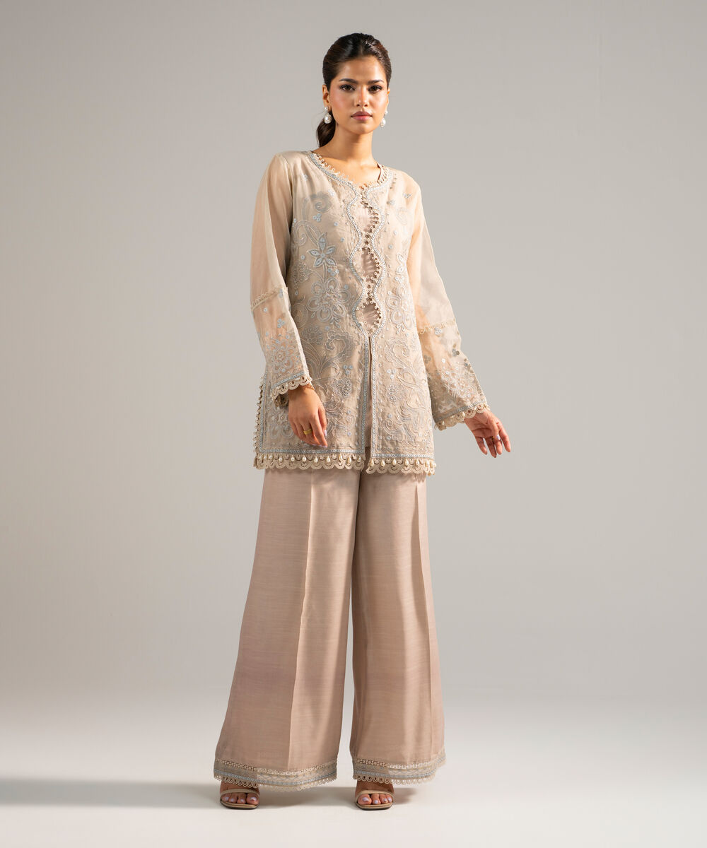 Women's RTW Organza Embroidered Beige 2 Piece Suit