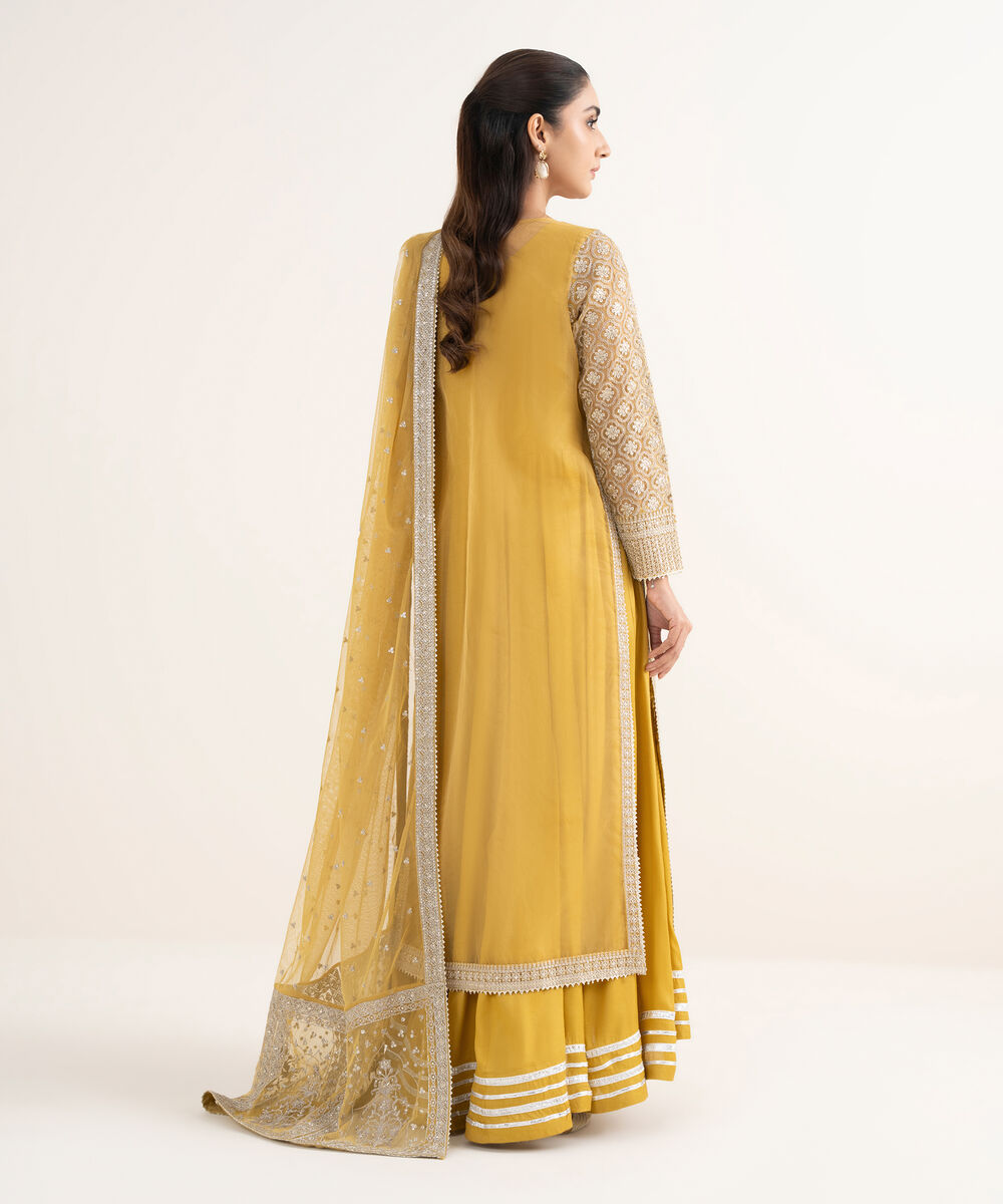 Women's RTW Blended Organza Embroidered Yellow 2 Piece Suit